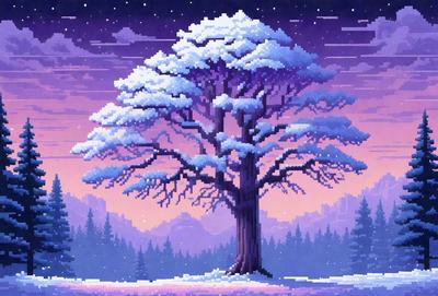 The primary subject of the image is a snow-covered tree. The setting is a snowy landscape, with the tree standing out as the main focus. The visual style is a digital art or illustration, creating a wintery and serene atmosphere. The dominant colors are white and gray, with the snow covering the tree and the sky in the background.